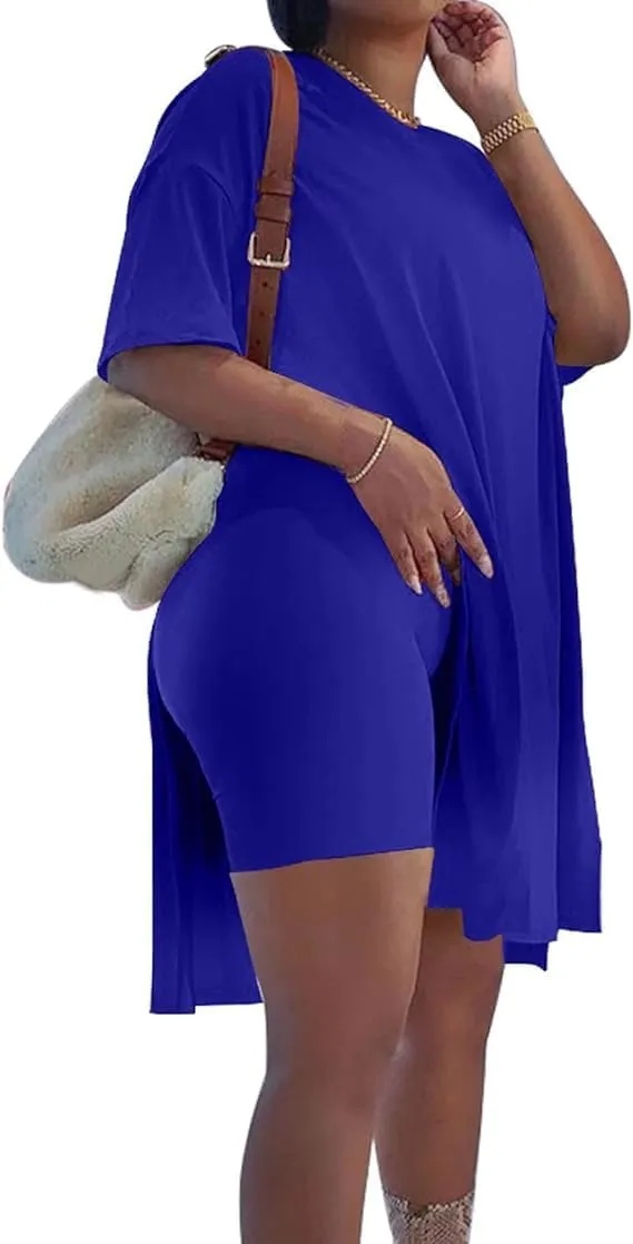 AXOSY Women Plus Size 2 Piece Outfits Short Sleeve Tunic Tops and Skinny Biker Shorts Sets Tracksuits
