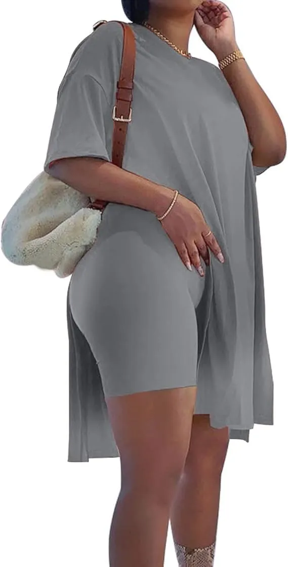 AXOSY Women Plus Size 2 Piece Outfits Short Sleeve Tunic Tops and Skinny Biker Shorts Sets Tracksuits