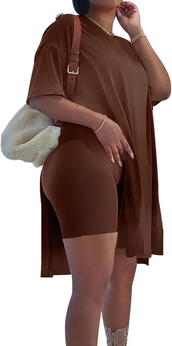 AXOSY Women Plus Size 2 Piece Outfits Short Sleeve Tunic Tops and Skinny Biker Shorts Sets Tracksuits