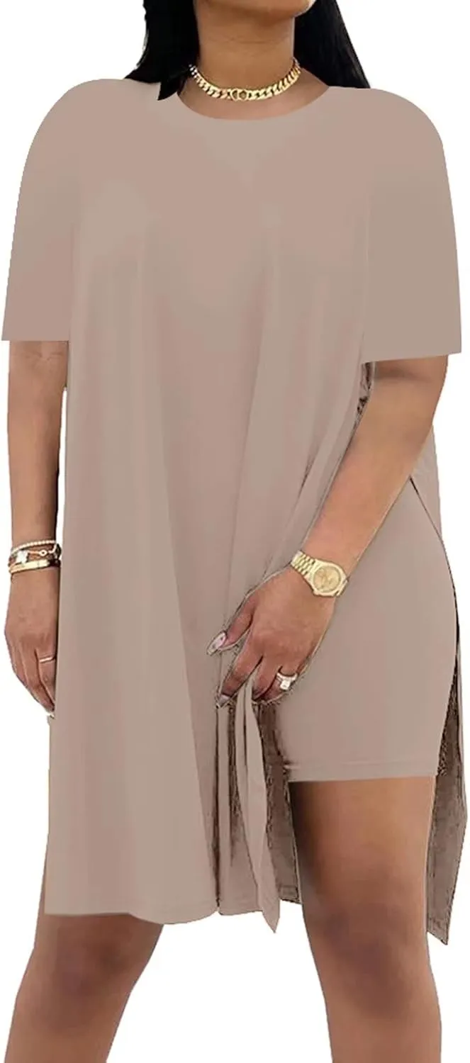 AXOSY Women Plus Size 2 Piece Outfits Short Sleeve Tunic Tops and Skinny Biker Shorts Sets Tracksuits