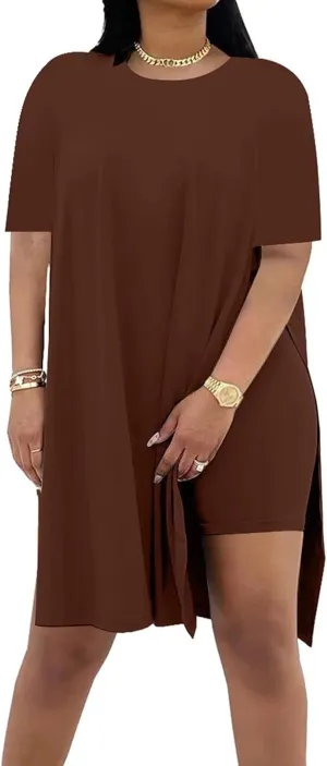 AXOSY Women Plus Size 2 Piece Outfits Short Sleeve Tunic Tops and Skinny Biker Shorts Sets Tracksuits