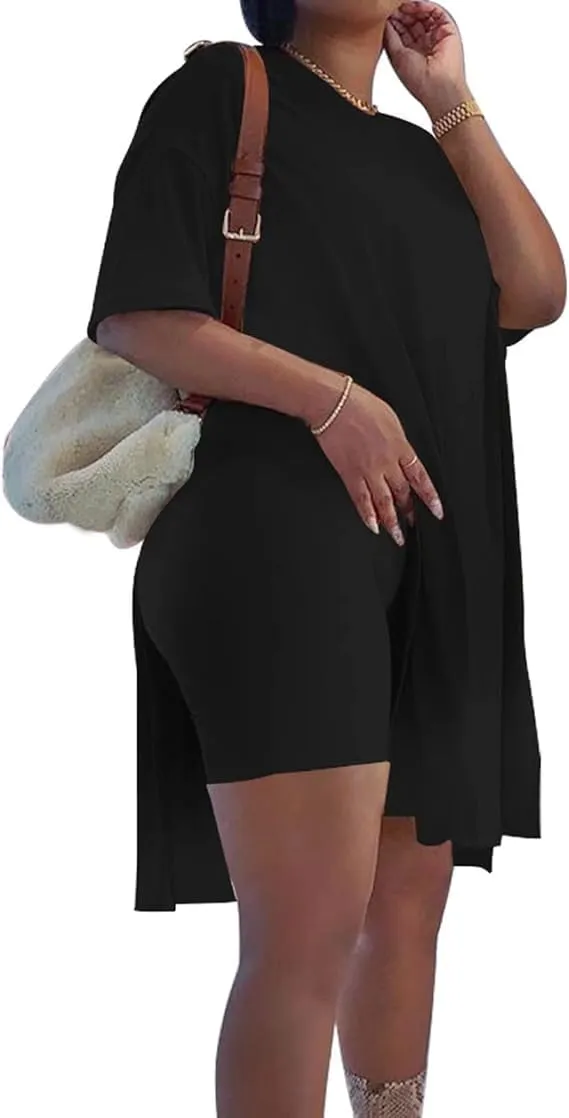 AXOSY Women Plus Size 2 Piece Outfits Short Sleeve Tunic Tops and Skinny Biker Shorts Sets Tracksuits