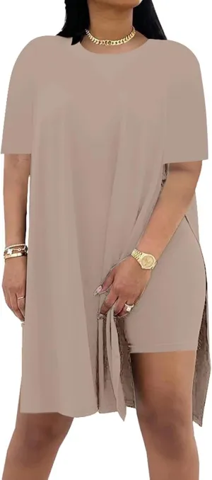 AXOSY Women Plus Size 2 Piece Outfits Short Sleeve Tunic Tops and Skinny Biker Shorts Sets Tracksuits