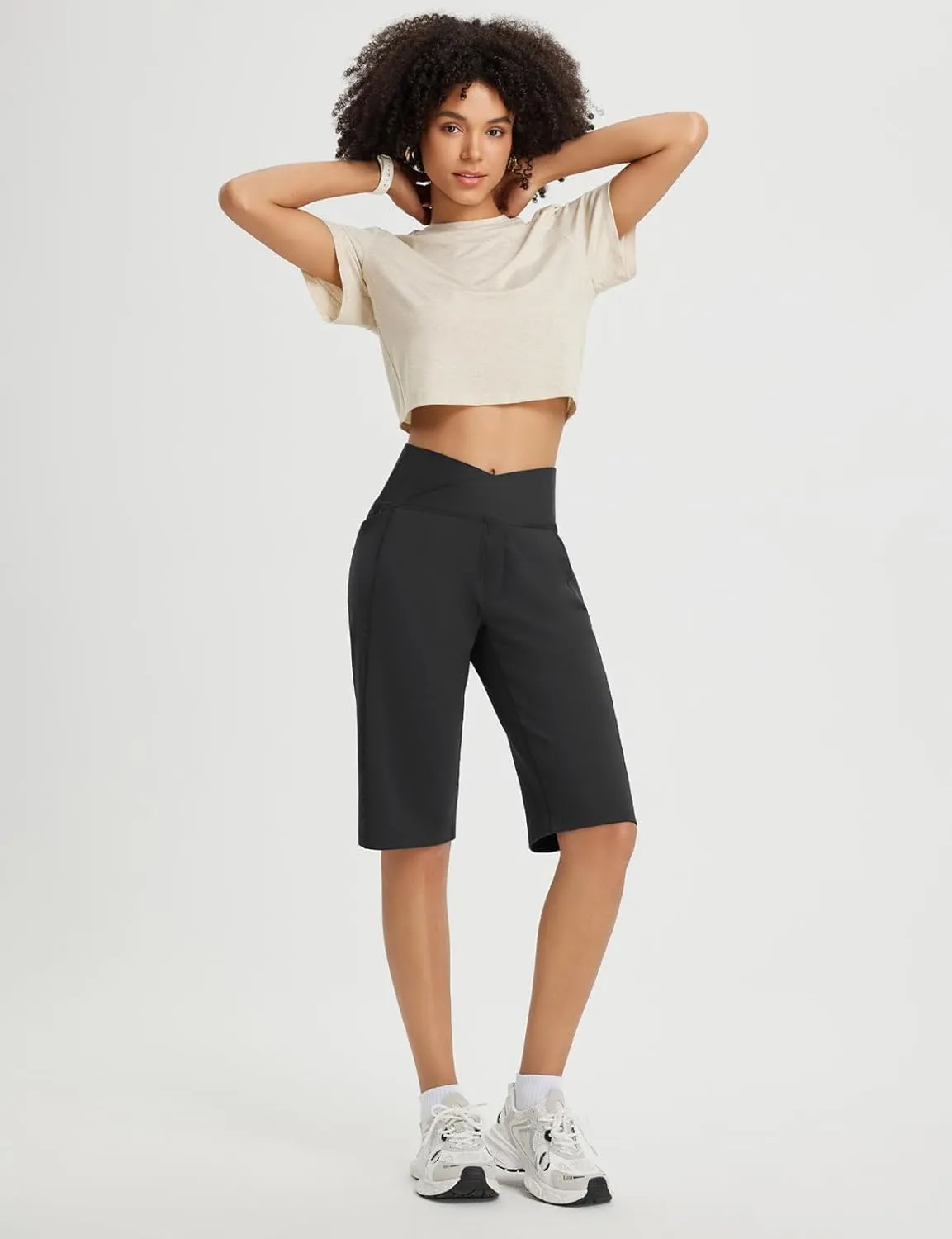 baleaf Women's Bermuda Long Shorts 14" Knee Length High Waisted Athletic Shorts with Pockets Stretch Soft Loose Casual Summer