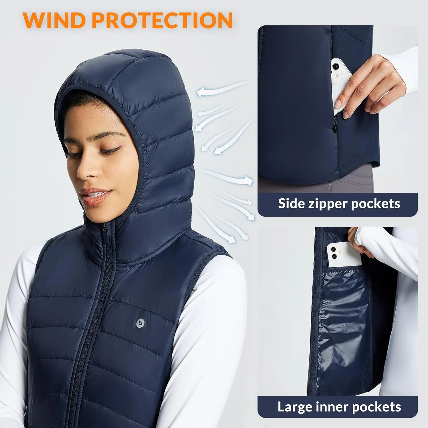 baleaf Women's Puffer Vest Hooded Running Vests Slim Fit Fleece Sleeveless Lightweight Jacket Fall Winter