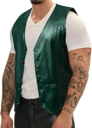 Barry.Wang Mens Leather Suit Vests Casual Western Cowboy Vest V-neck Jacket Lightweight Waistcoat