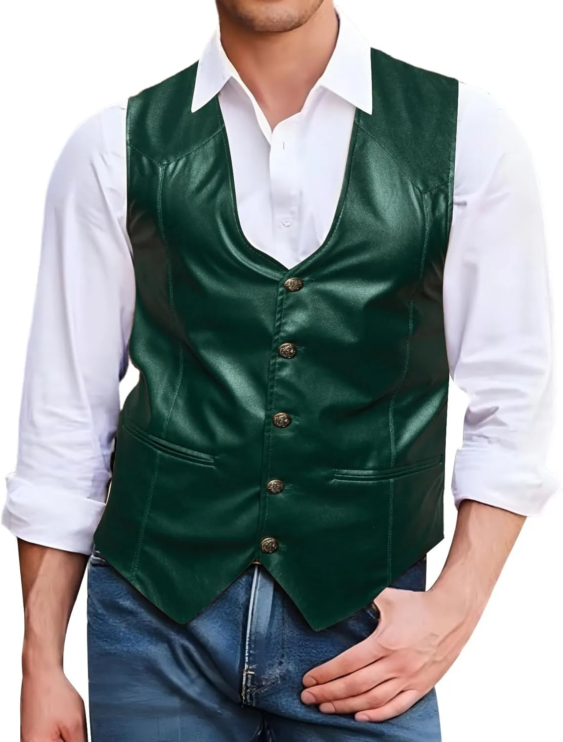 Barry.Wang Mens Leather Suit Vests Casual Western Cowboy Vest V-neck Jacket Lightweight Waistcoat
