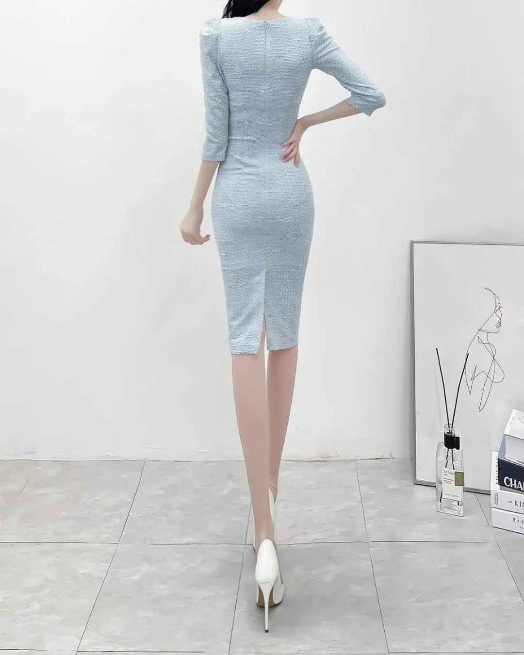 Basic Buttons Puff Sleeves Knee Length Dress