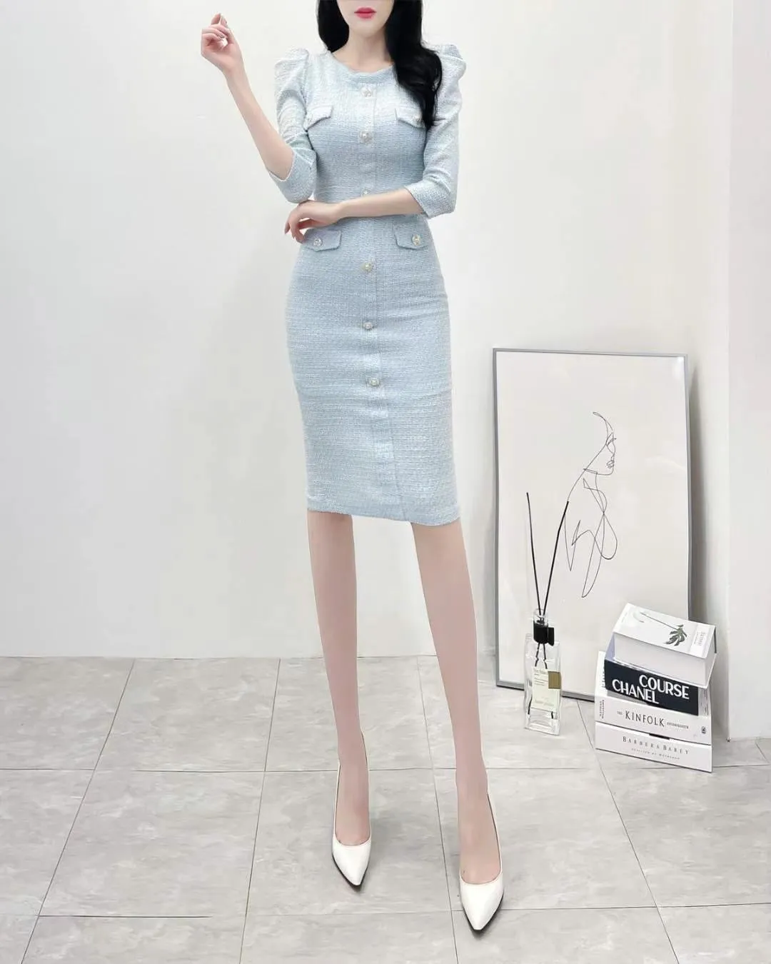 Basic Buttons Puff Sleeves Knee Length Dress