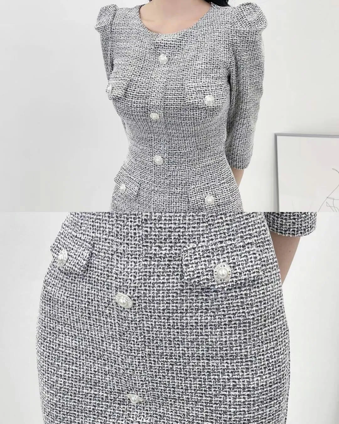 Basic Buttons Puff Sleeves Knee Length Dress