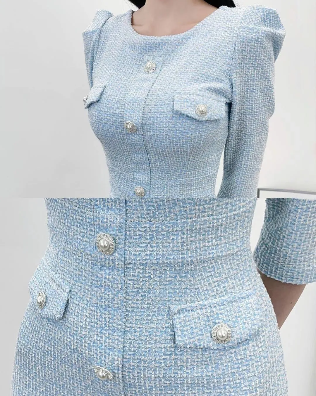 Basic Buttons Puff Sleeves Knee Length Dress