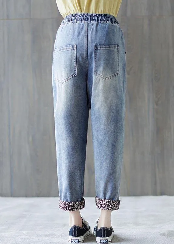 Beautiful Blue patchwork Pockets Cotton Pants Summer