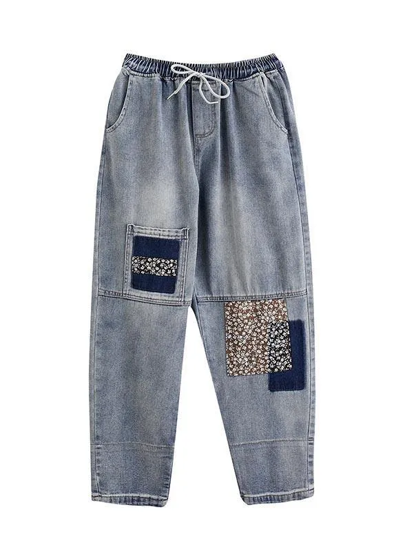 Beautiful Blue patchwork Pockets Cotton Pants Summer