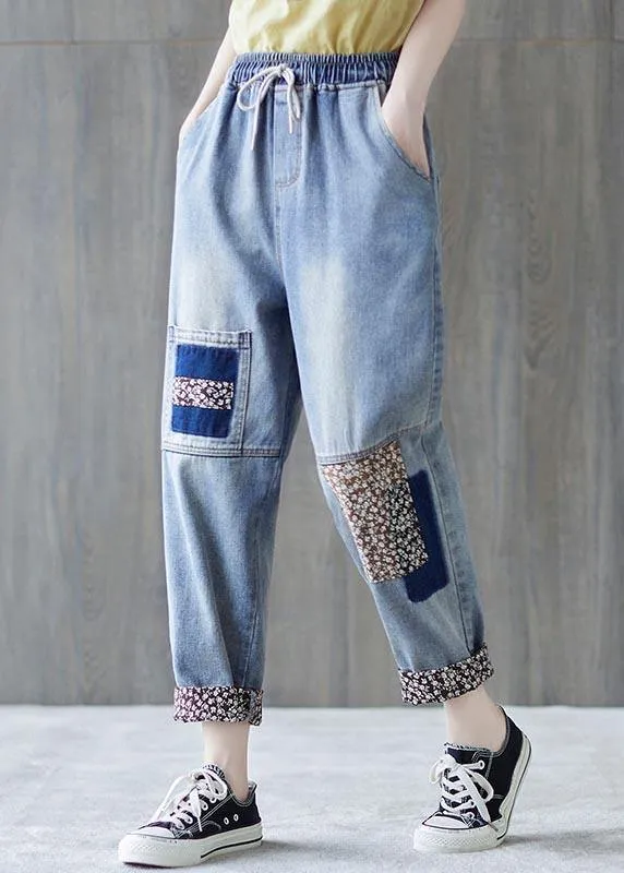 Beautiful Blue patchwork Pockets Cotton Pants Summer