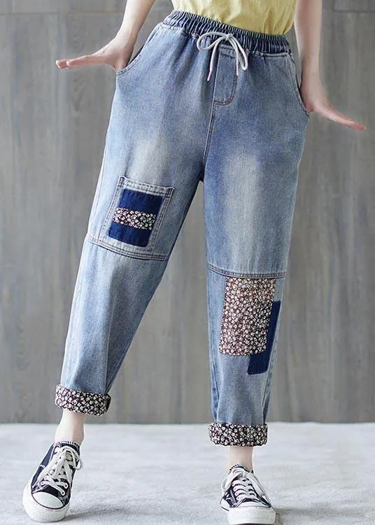 Beautiful Blue patchwork Pockets Cotton Pants Summer