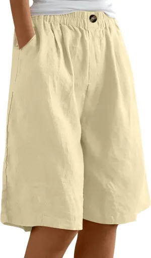 Bermuda Linen Shorts for Women Summer Wide Leg Knee Length High Waisted Shorts Casual Workout Long Short with Pockets