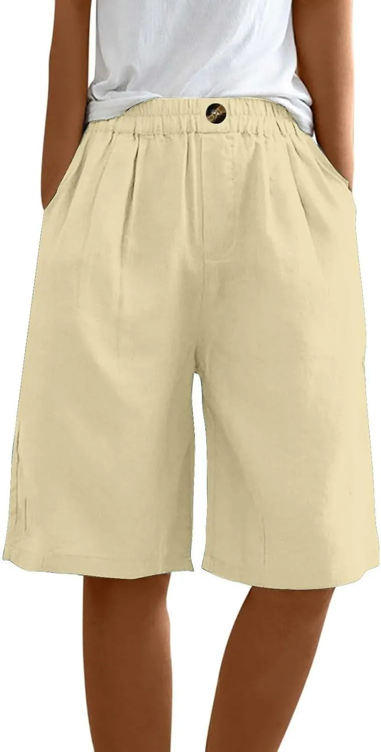 Bermuda Linen Shorts for Women Summer Wide Leg Knee Length High Waisted Shorts Casual Workout Long Short with Pockets