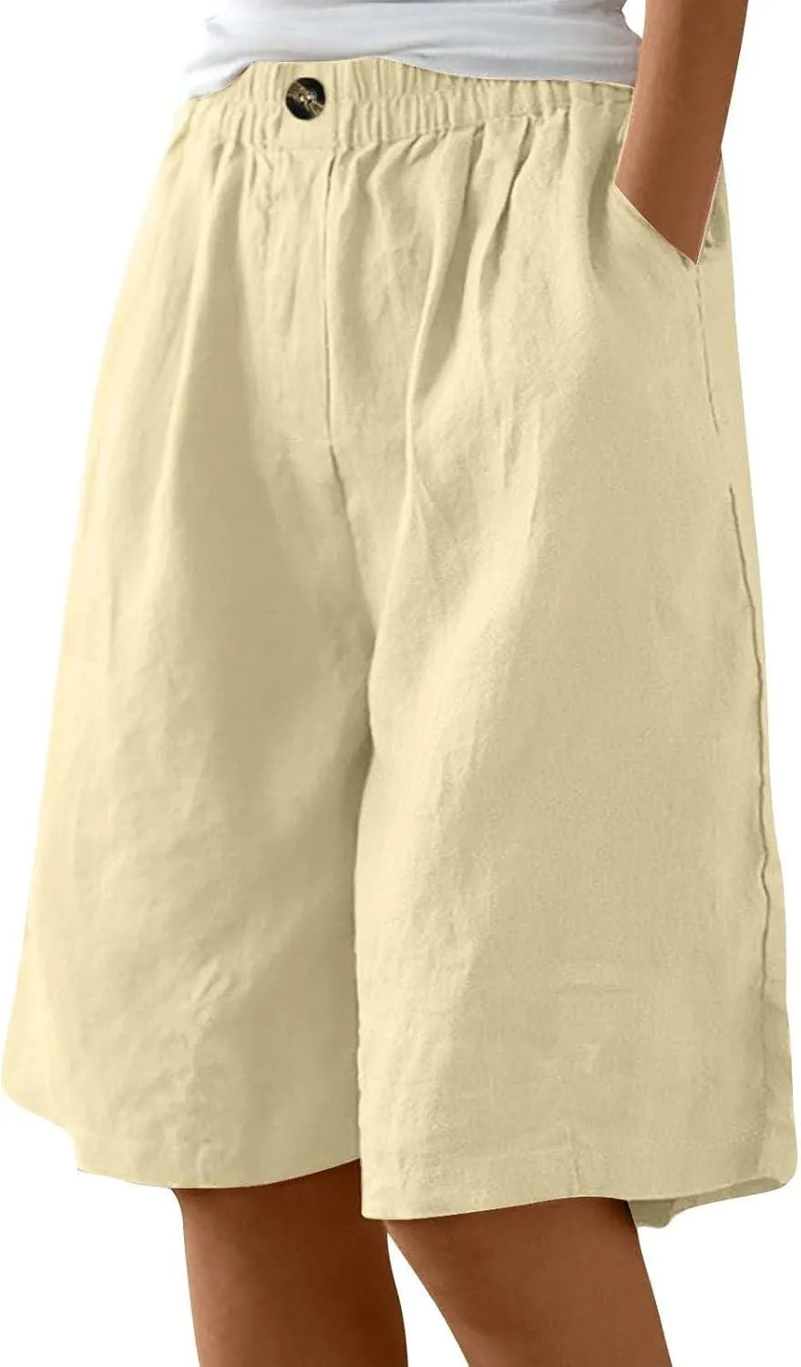 Bermuda Linen Shorts for Women Summer Wide Leg Knee Length High Waisted Shorts Casual Workout Long Short with Pockets