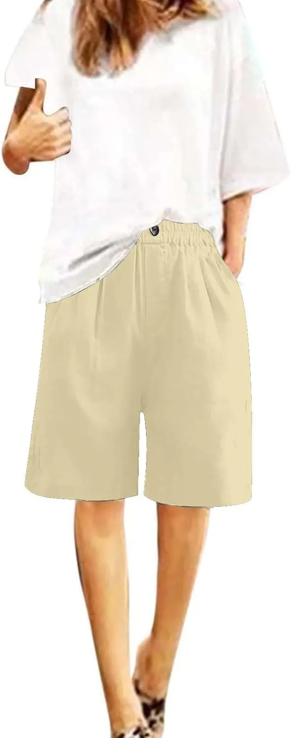 Bermuda Linen Shorts for Women Summer Wide Leg Knee Length High Waisted Shorts Casual Workout Long Short with Pockets
