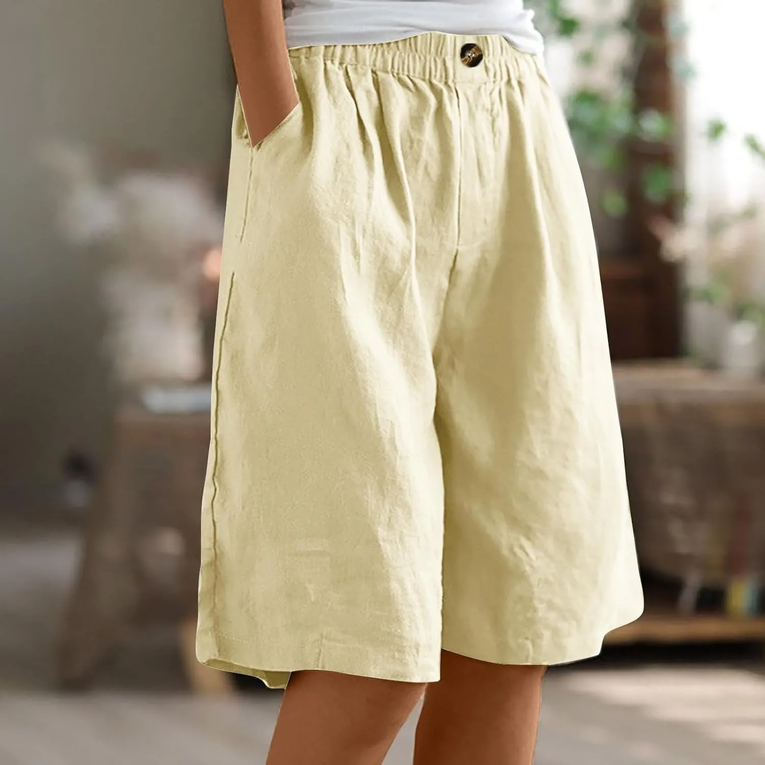Bermuda Linen Shorts for Women Summer Wide Leg Knee Length High Waisted Shorts Casual Workout Long Short with Pockets