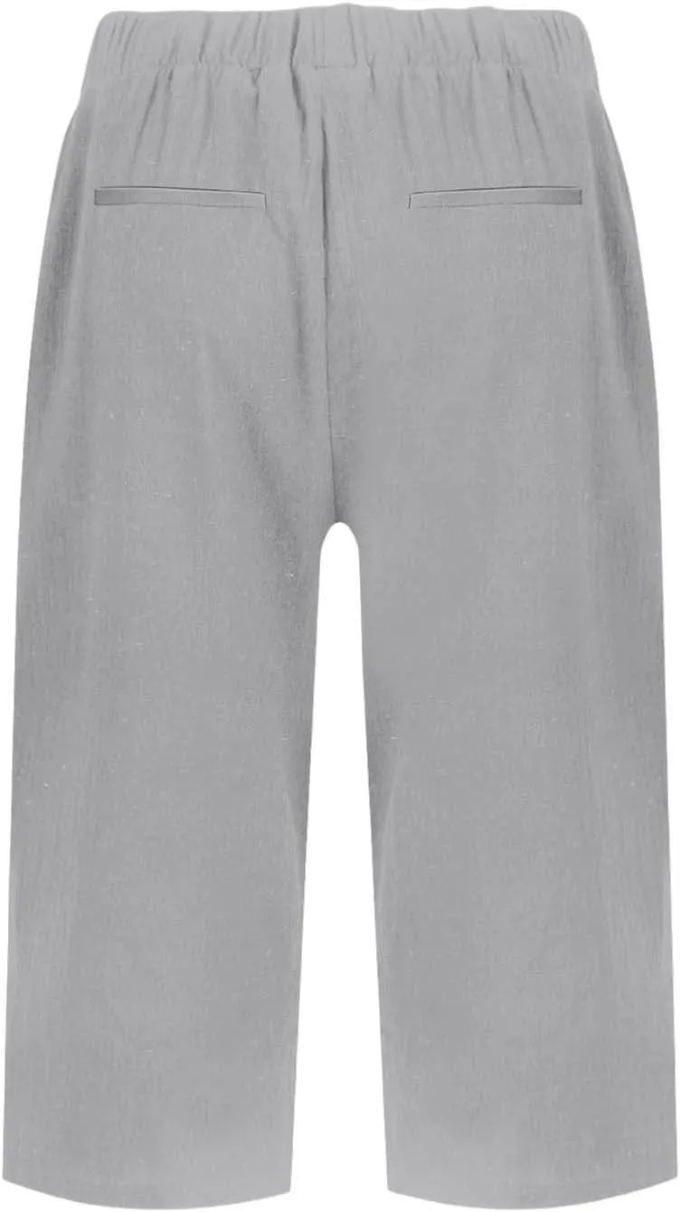 Bermuda Shorts for Women Knee Length Elastic Waist Long Wide Leg Linen Shorts Comfy Beach Capri Pants with Pockets