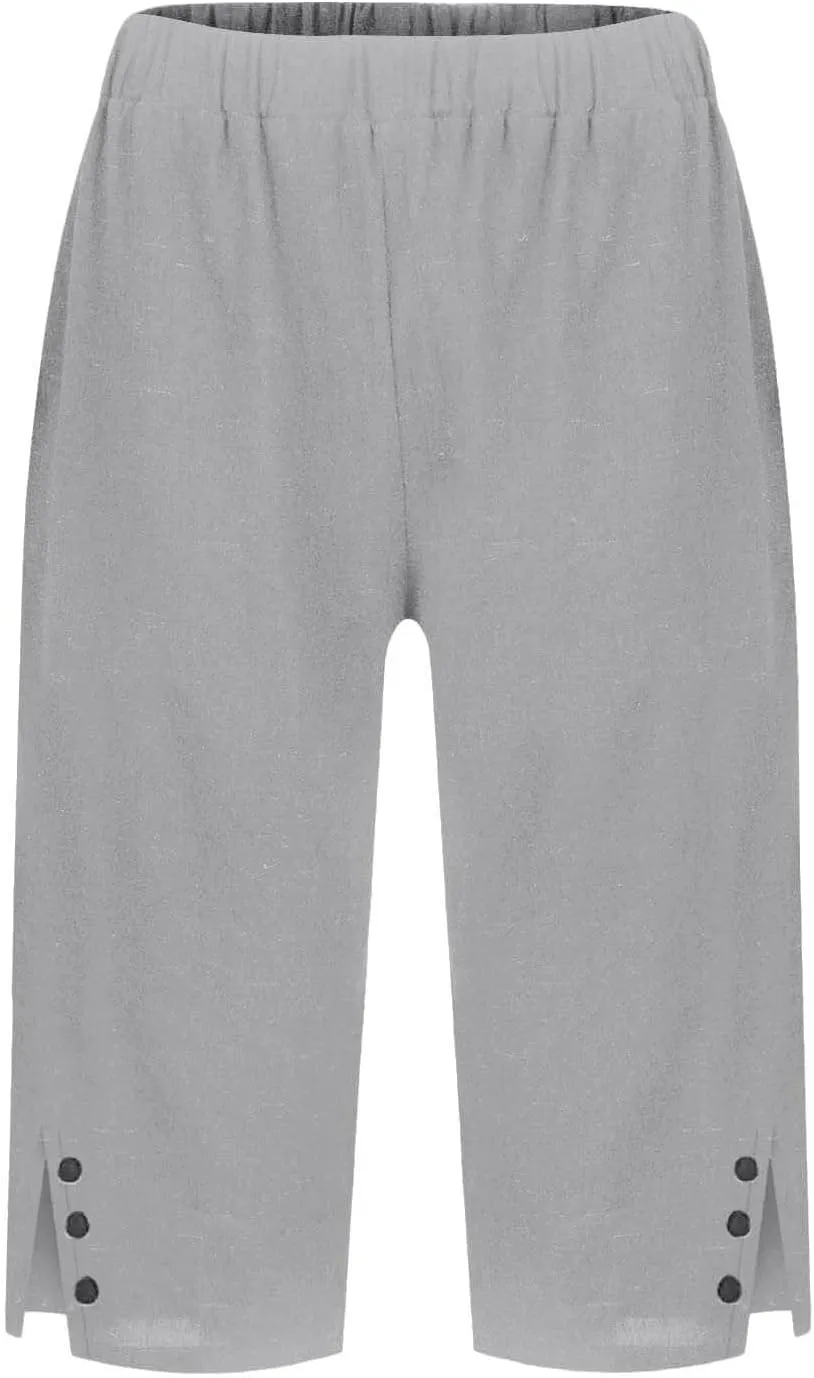 Bermuda Shorts for Women Knee Length Elastic Waist Long Wide Leg Linen Shorts Comfy Beach Capri Pants with Pockets