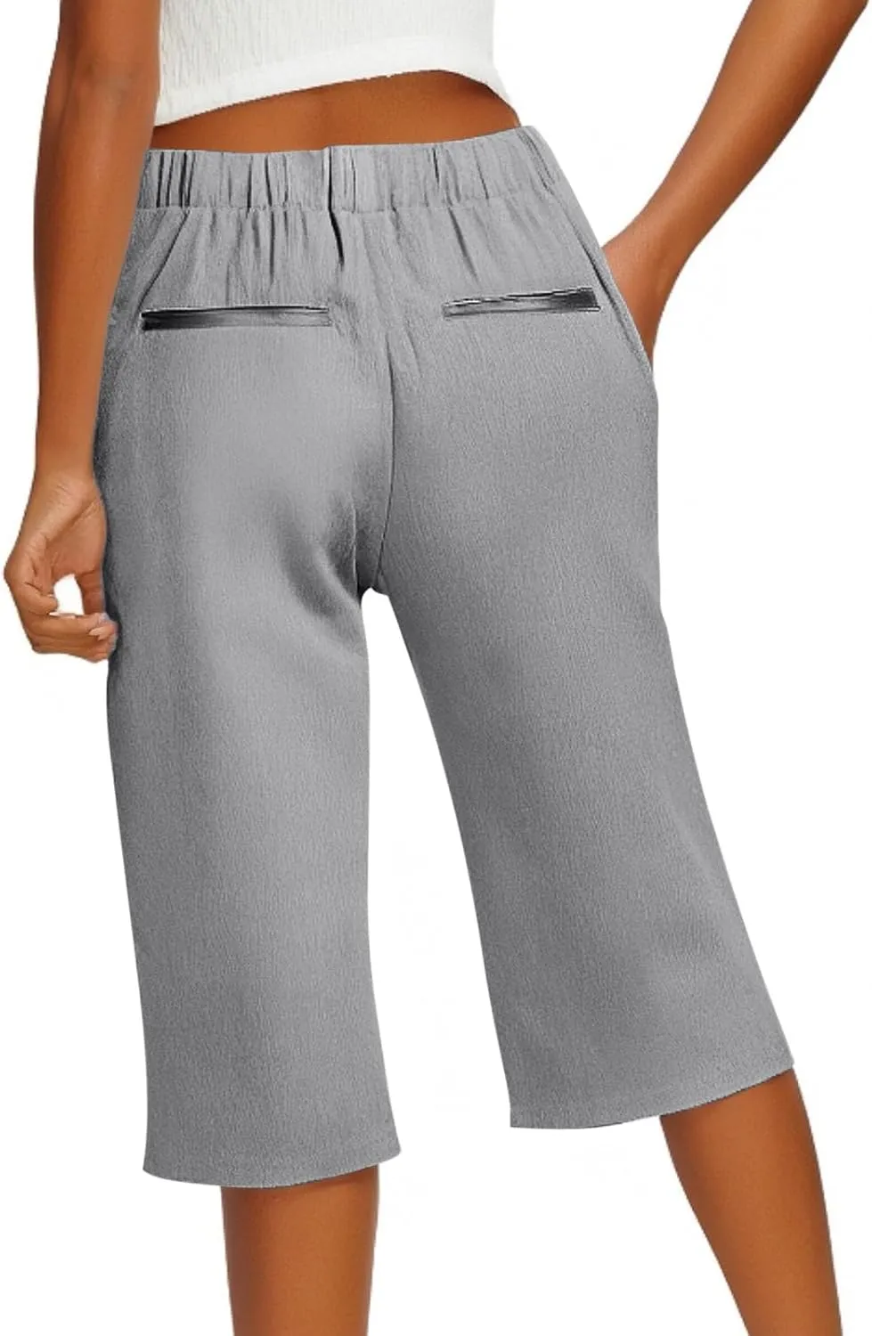 Bermuda Shorts for Women Knee Length Elastic Waist Long Wide Leg Linen Shorts Comfy Beach Capri Pants with Pockets