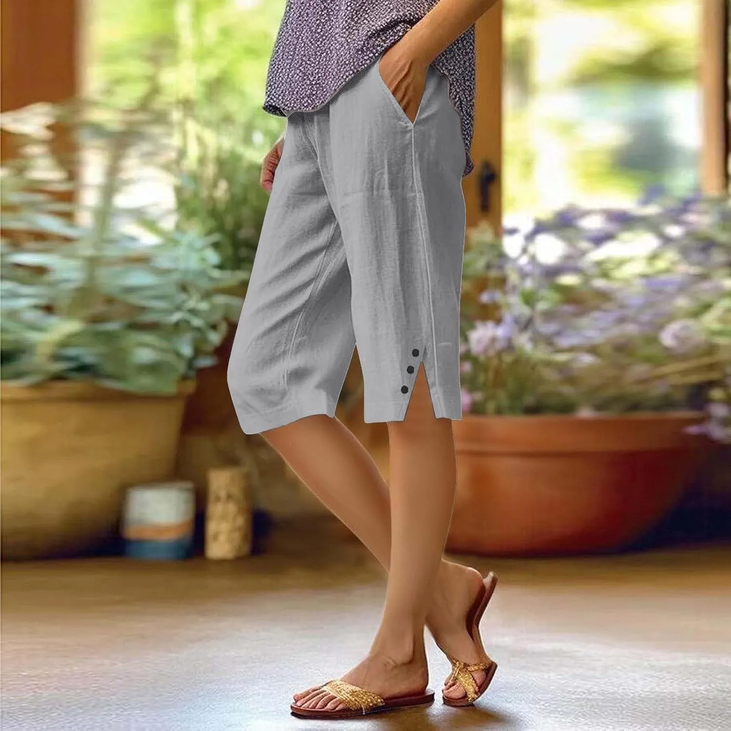 Bermuda Shorts for Women Knee Length Elastic Waist Long Wide Leg Linen Shorts Comfy Beach Capri Pants with Pockets
