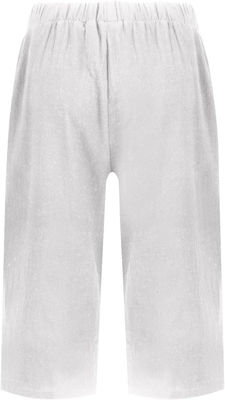 Bermuda Shorts for Women Knee Length Elastic Waist Long Wide Leg Linen Shorts Comfy Beach Capri Pants with Pockets