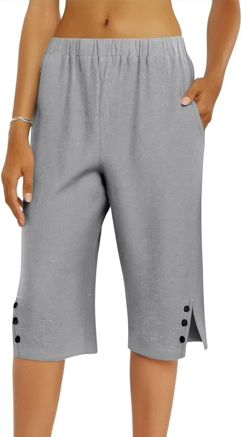 Bermuda Shorts for Women Knee Length Elastic Waist Long Wide Leg Linen Shorts Comfy Beach Capri Pants with Pockets