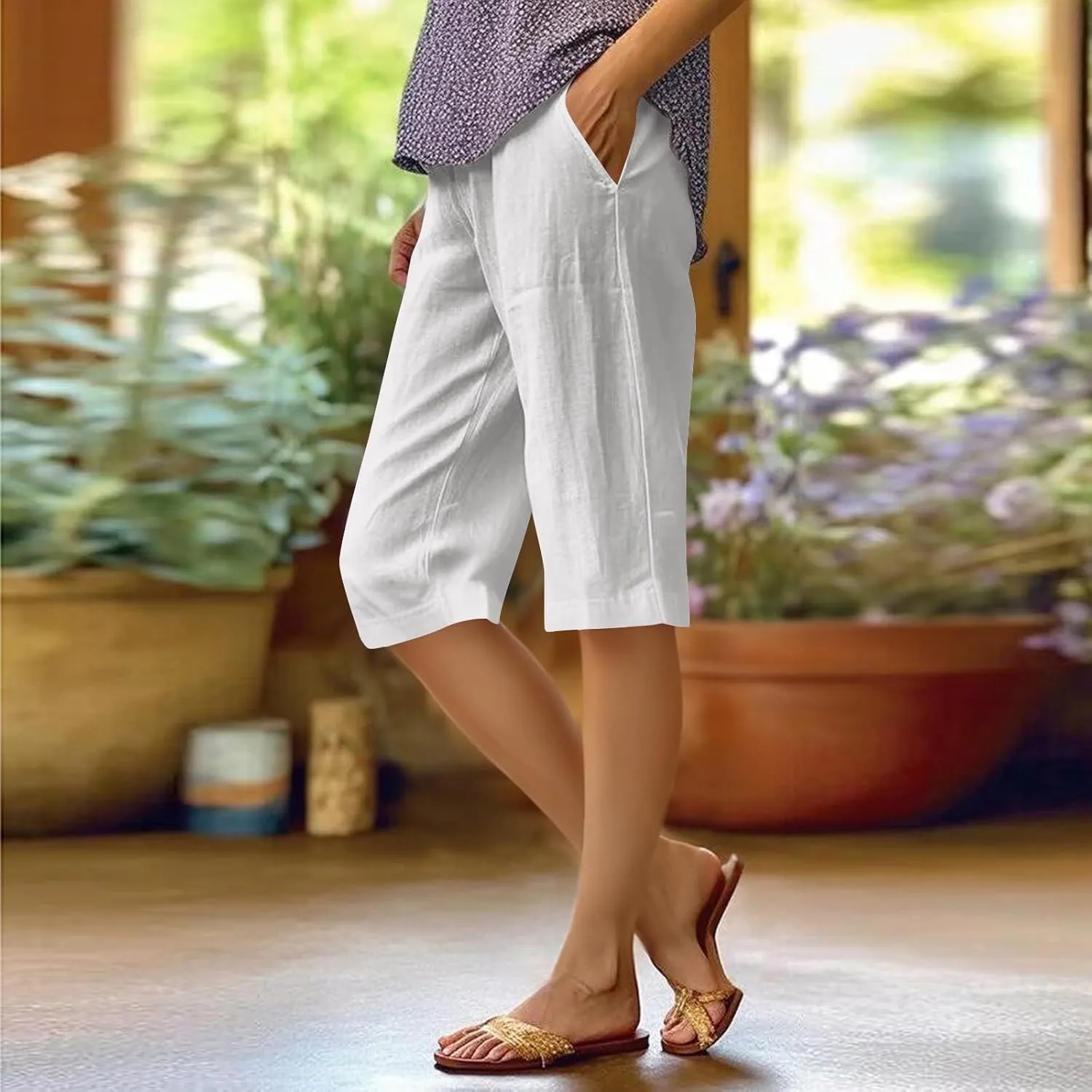 Bermuda Shorts for Women Knee Length Elastic Waist Long Wide Leg Linen Shorts Comfy Beach Capri Pants with Pockets