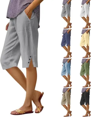 Bermuda Shorts for Women Knee Length Elastic Waist Long Wide Leg Linen Shorts Comfy Beach Capri Pants with Pockets