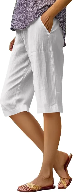 Bermuda Shorts for Women Knee Length Elastic Waist Long Wide Leg Linen Shorts Comfy Beach Capri Pants with Pockets