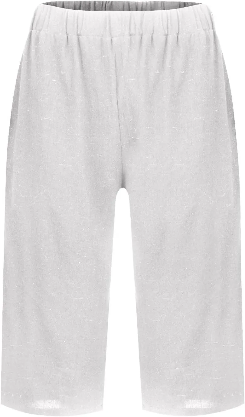 Bermuda Shorts for Women Knee Length Elastic Waist Long Wide Leg Linen Shorts Comfy Beach Capri Pants with Pockets