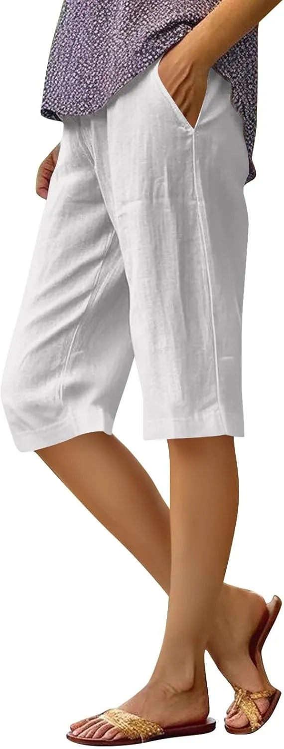 Bermuda Shorts for Women Knee Length Elastic Waist Long Wide Leg Linen Shorts Comfy Beach Capri Pants with Pockets