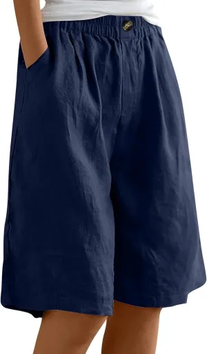 Bermuda Shorts for Women Knee Length Summer Beach Linen Shorts Lightweight Wide Leg High Waisted Long Short w/Pockets