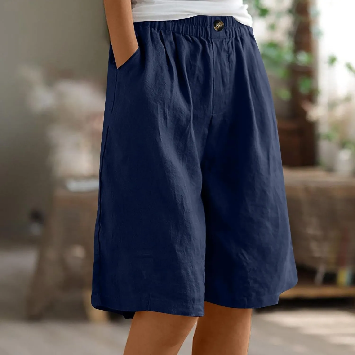 Bermuda Shorts for Women Knee Length Summer Beach Linen Shorts Lightweight Wide Leg High Waisted Long Short w/Pockets
