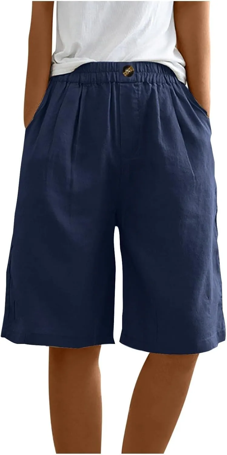 Bermuda Shorts for Women Knee Length Summer Beach Linen Shorts Lightweight Wide Leg High Waisted Long Short w/Pockets