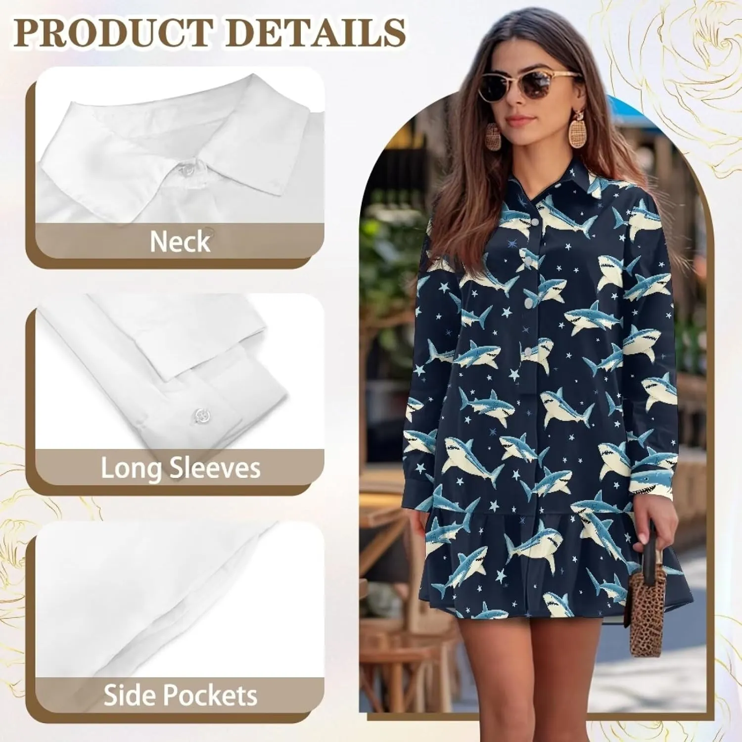 Biyejit Women's Tunic Dresses Casual V Neck Button Down Polo Shirt Dress Long Sleeve Flowy Mini Shirt Dress with Pocket