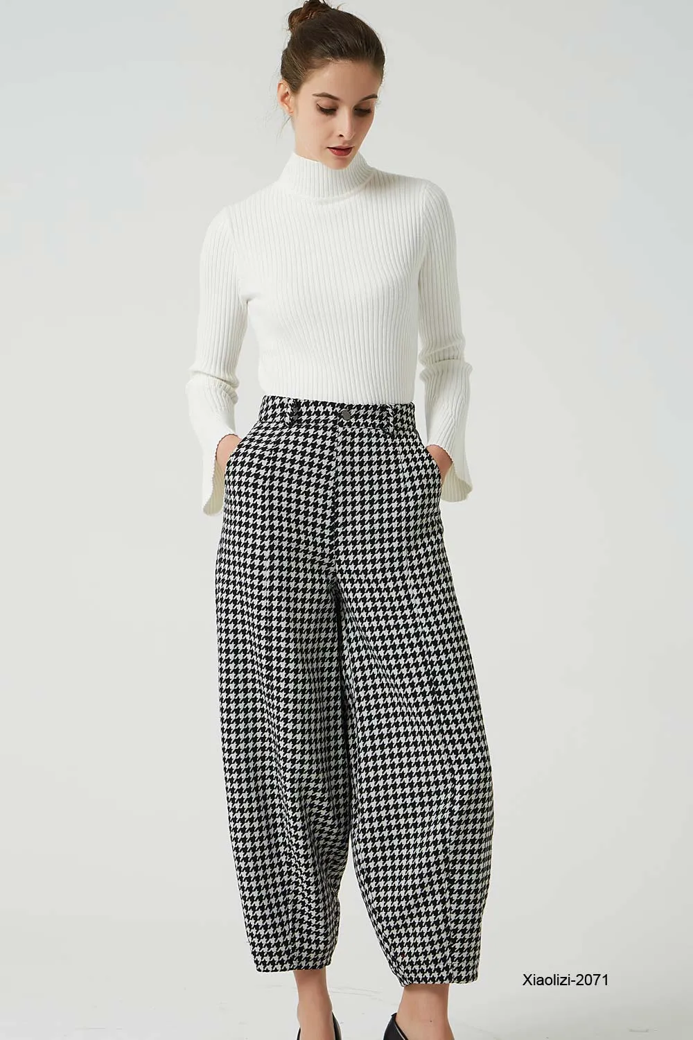 black and white wool pants, loose fitting baggy pants 2071#