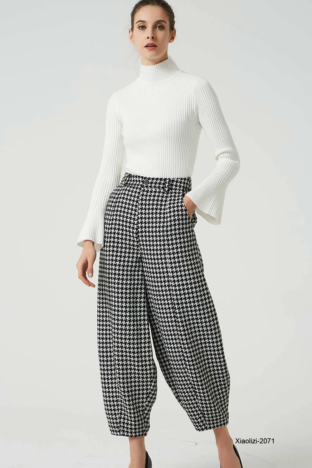 black and white wool pants, loose fitting baggy pants 2071#