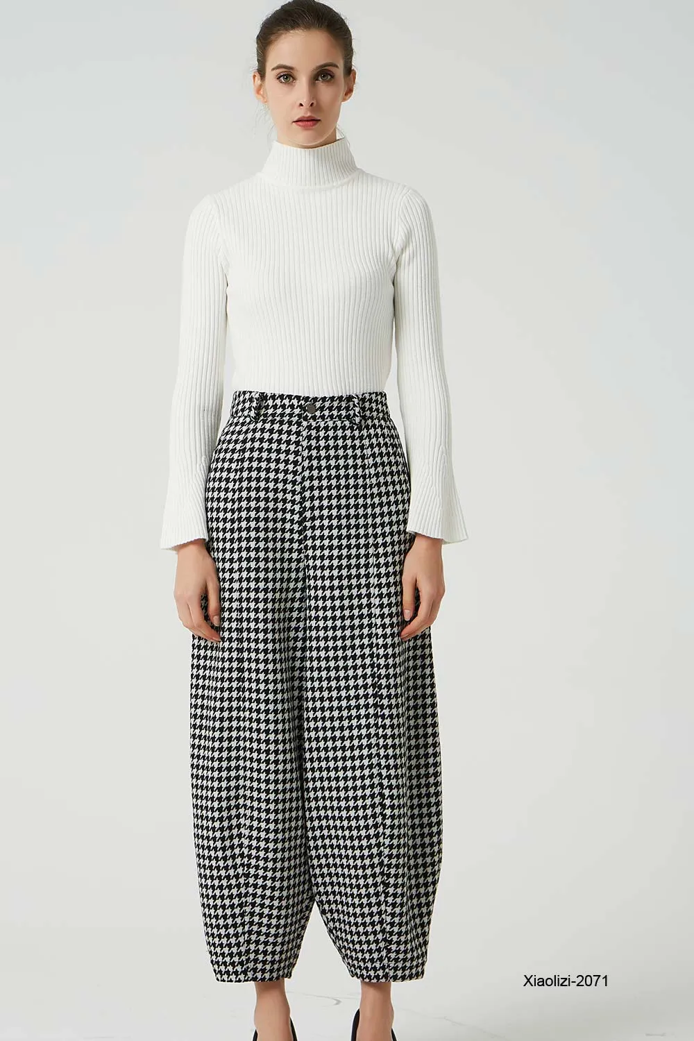 black and white wool pants, loose fitting baggy pants 2071#