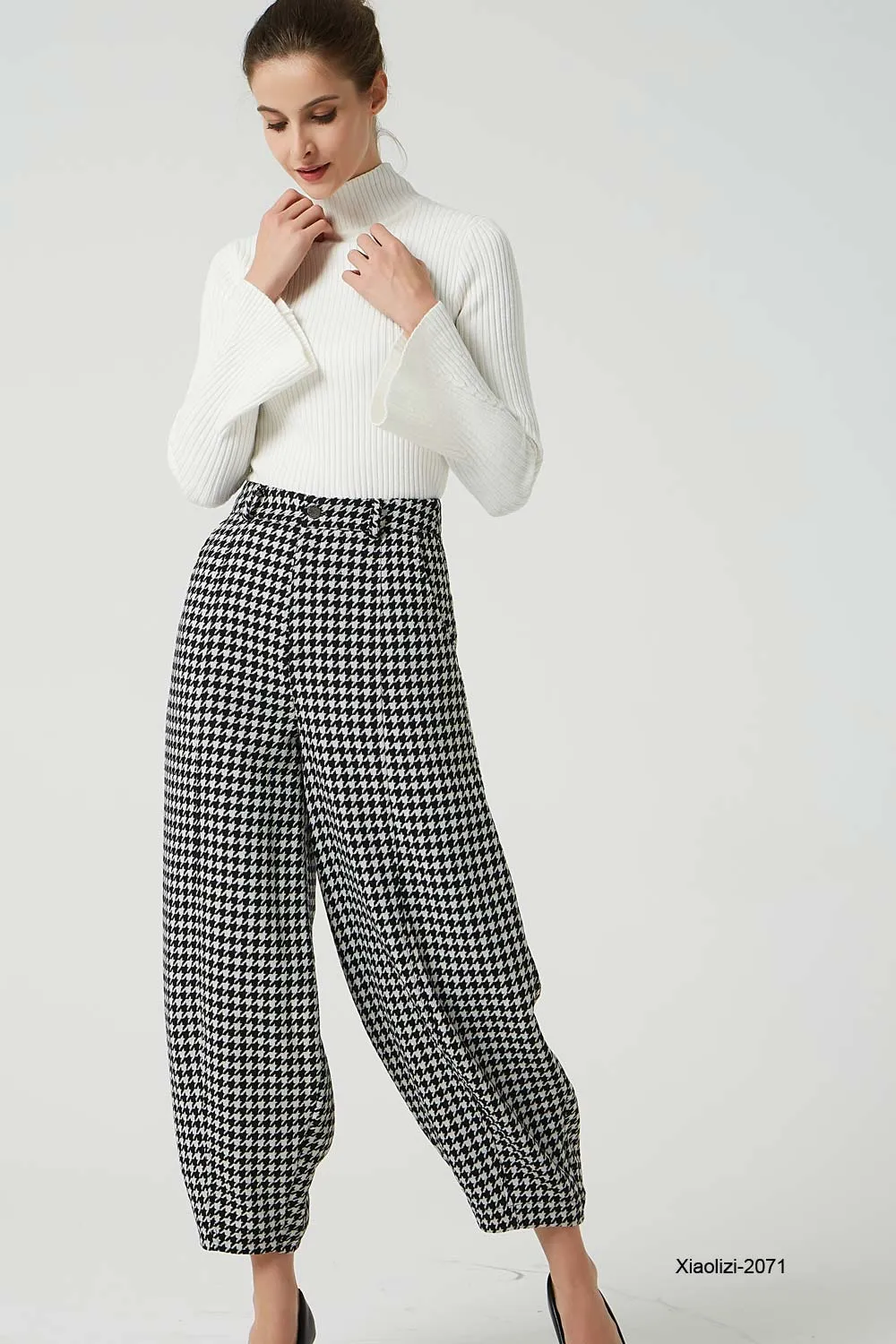 black and white wool pants, loose fitting baggy pants 2071#
