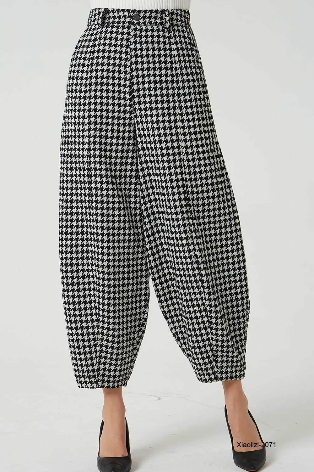 black and white wool pants, loose fitting baggy pants 2071#