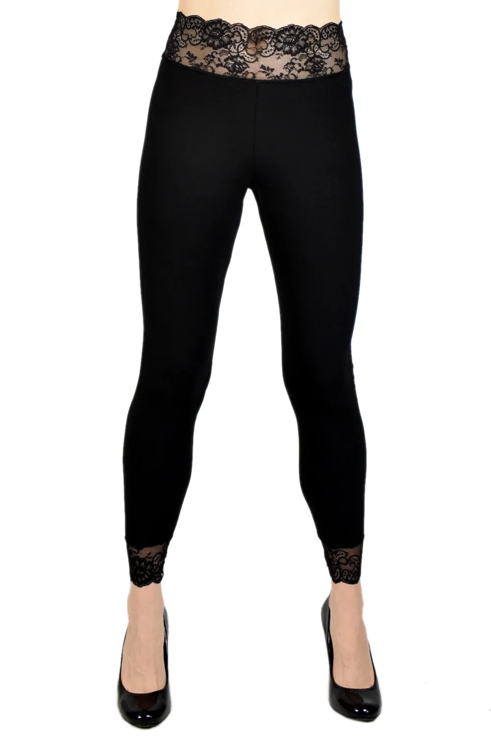 Black Cotton Spandex Lace-Waist Leggings