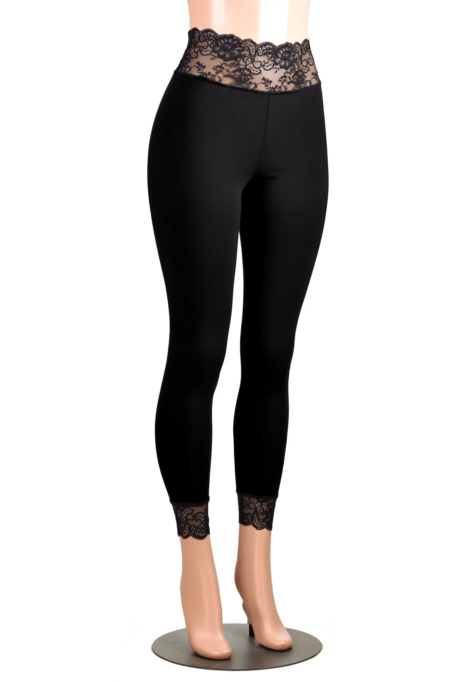 Black Cotton Spandex Lace-Waist Leggings