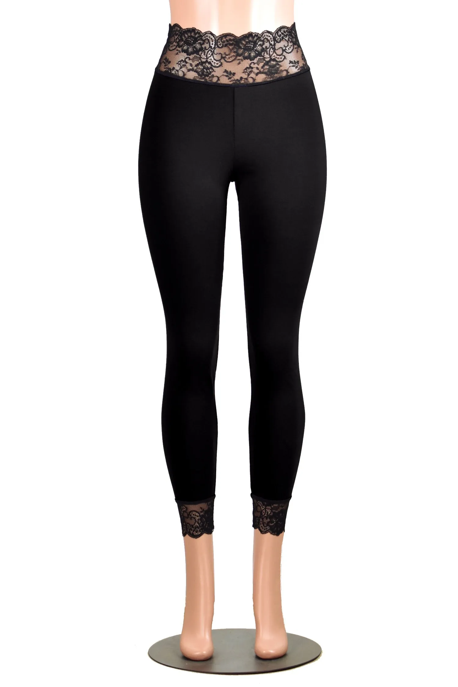 Black Cotton Spandex Lace-Waist Leggings