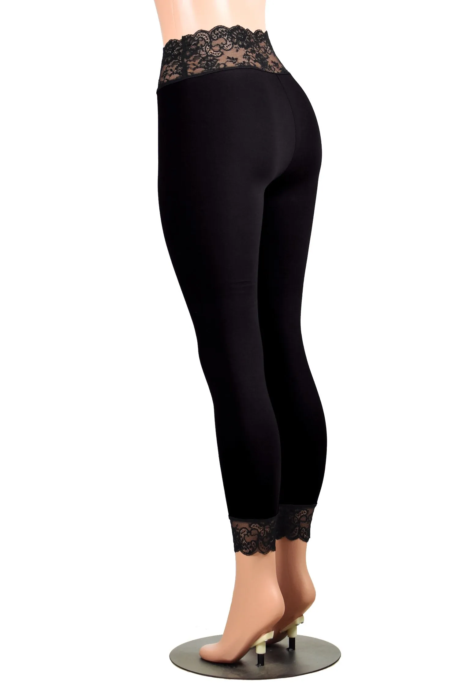 Black Cotton Spandex Lace-Waist Leggings