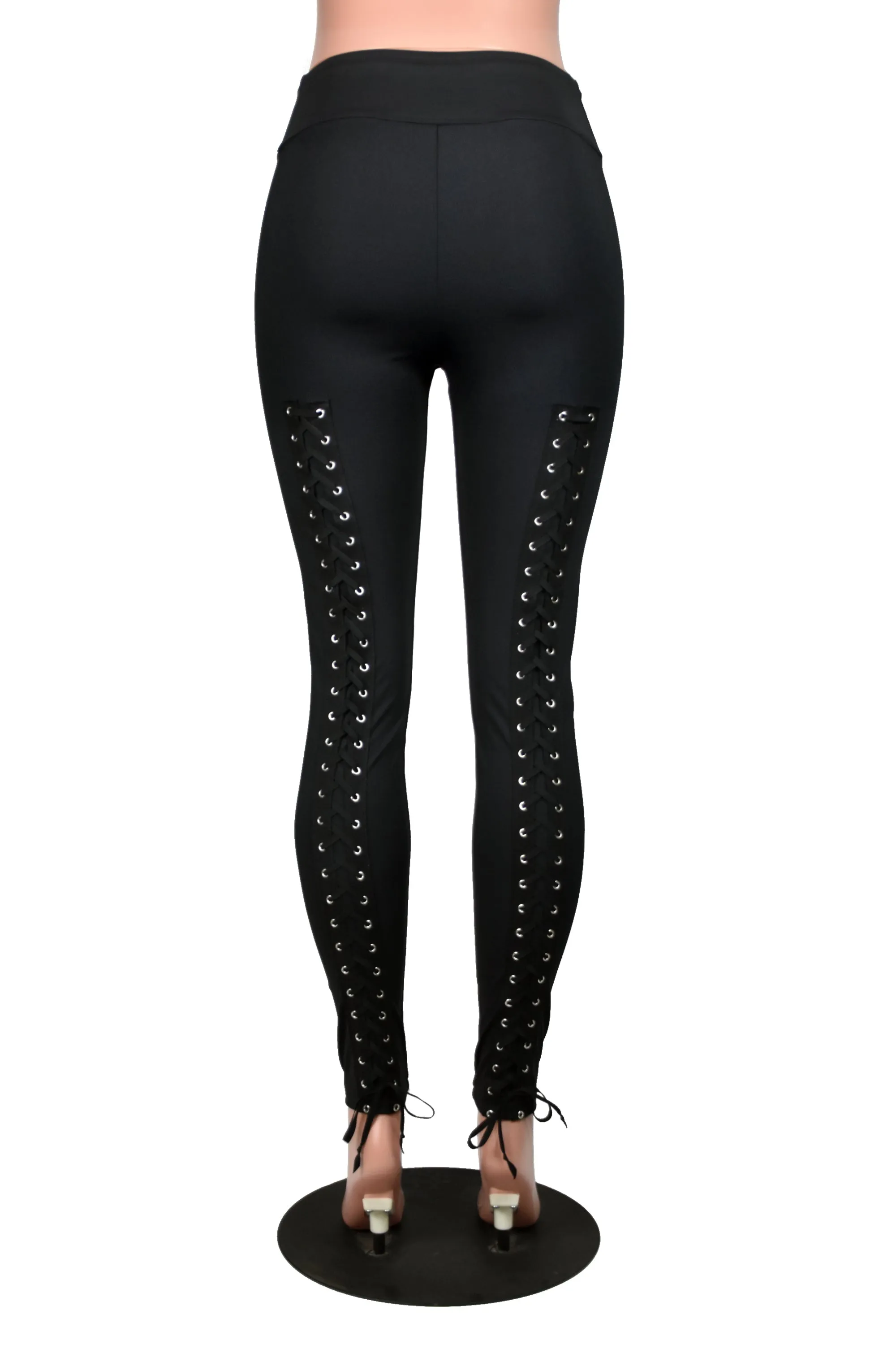 Black Nylon Spandex Back Lace-Up Leggings