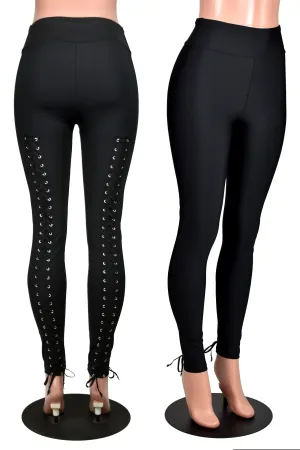 Black Nylon Spandex Back Lace-Up Leggings